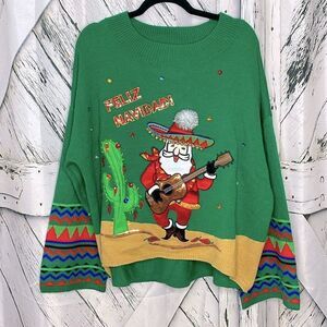 Ugly Christmas Holiday Sweater Feliz Navidad Southwest Santa XXL (20)